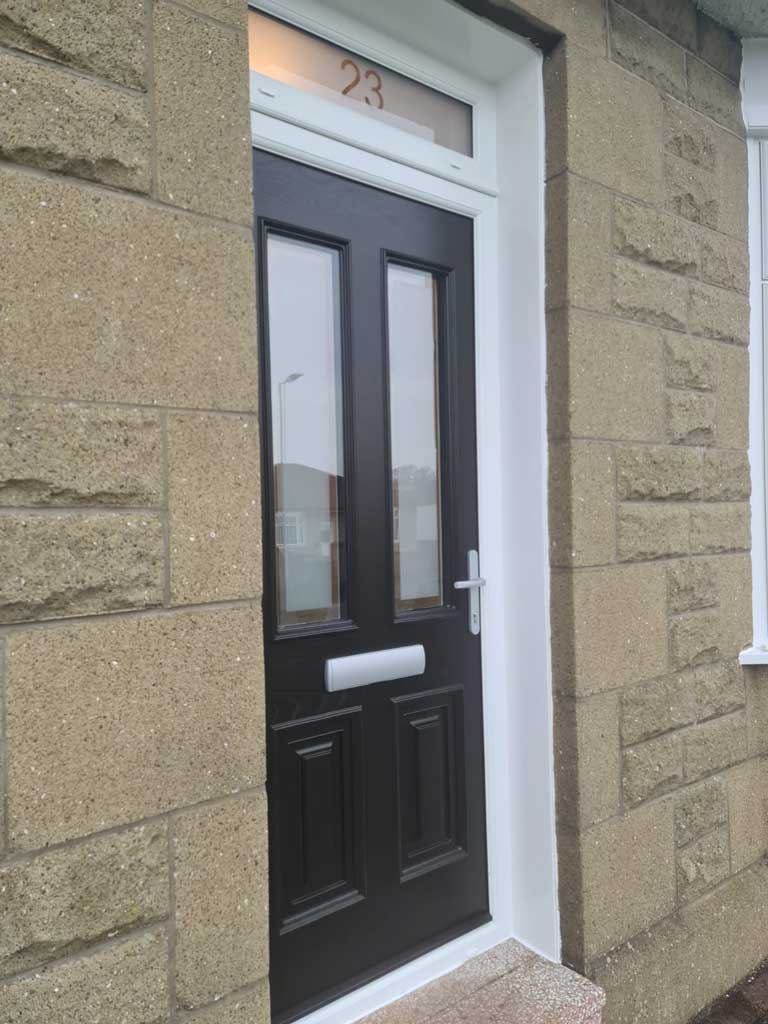 Black composite door with two upper glass panes